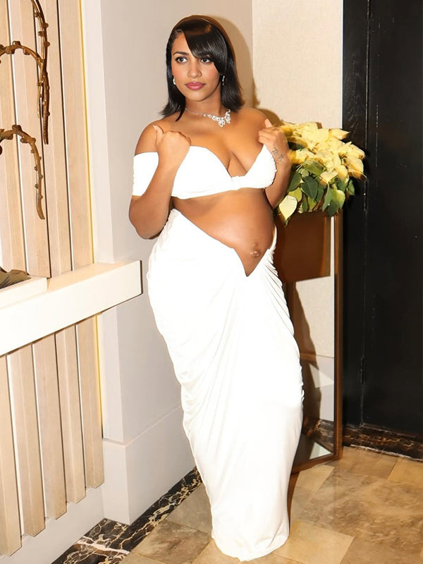 fotobeyou White 2-in-1 Off Shoulder Ruched Plus Photoshoot Maternity Maxi Dress