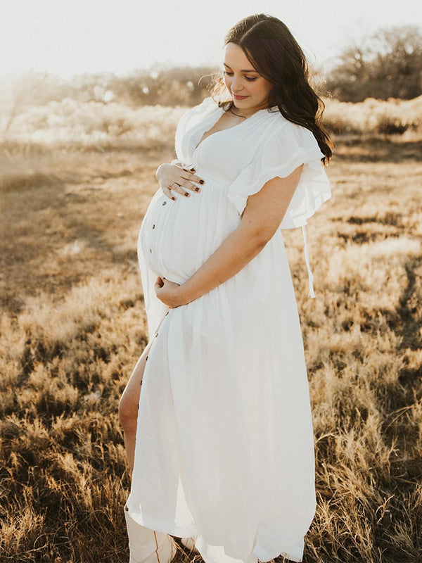 fotobeyou White Deep V-neck Button Down Boho Plus Photoshoot Maternity Maxi Dress
