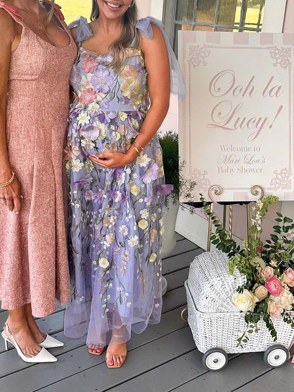 fotobeyou Embroidery Flowers Tutu Grenadine Baby Shower Maternity Maxi Dress
