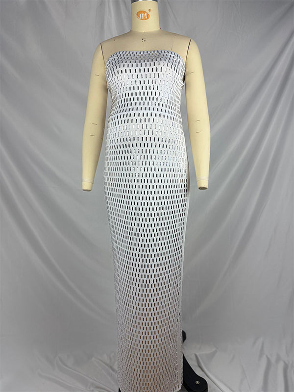 fotobeyou Glitter Diamond Rhinestone Bandeau Back Slit Bodycon Elegant Cocktail Party Maternity Baby Shower Maxi Dress
