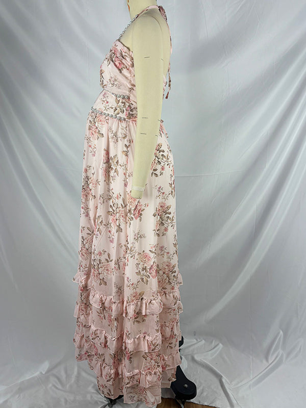 fotobeyou Pink Floral Ruffle Falbala Pearls Side Slit Elegant Maternity Baby Shower Maxi Dress