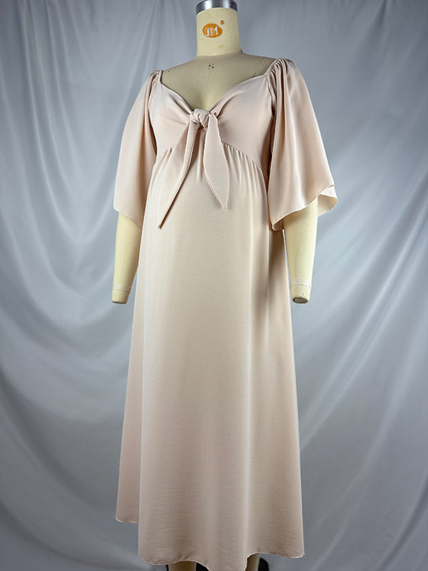 fotobeyou Beige  Bow Flutter Sleeve Plus Photoshoot Maternity Maxi Dress
