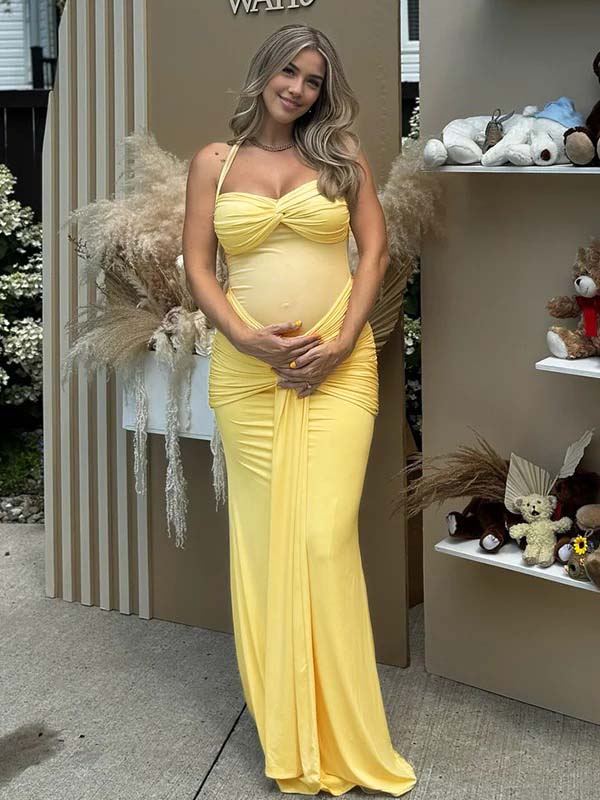 fotobeyou Mesh Ruched Draped Halter Neck Backless Maternity Maxi Dress