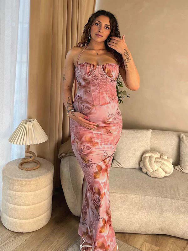 fotobeyou Pink Floral Corset Back Slit Halter Neck Cami Bodycon Chic Cocktail Party Maternity Photoshoot Baby Shower Maxi Dress