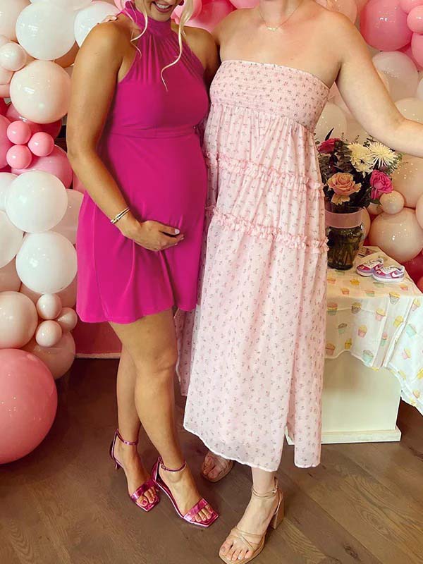 fotobeyou Rose Carmine Open Back Halter Neck Buttons Ceremony  Banquet Maternity Photoshoot Mini Dress