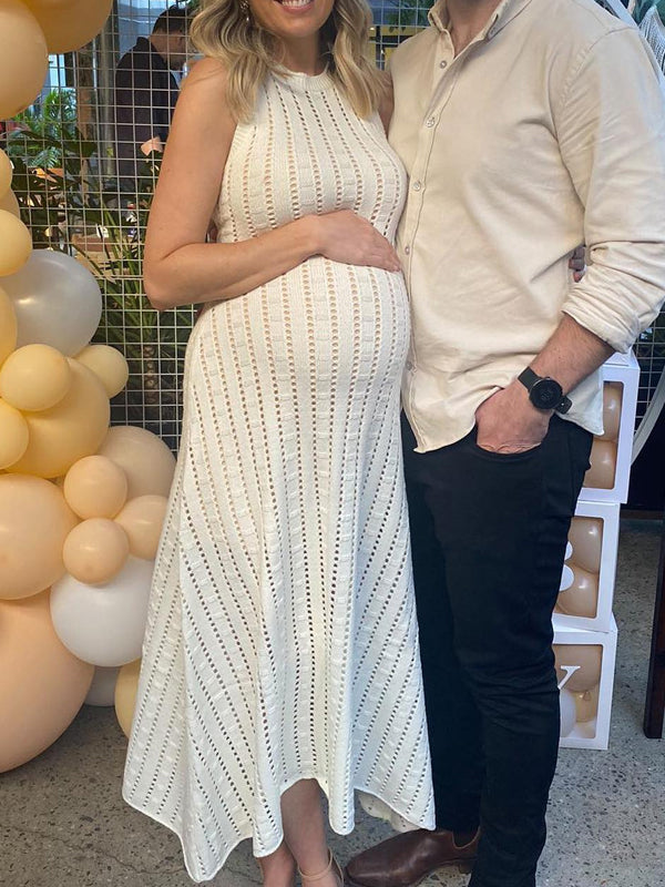 Fotobeyou White Openwork Crochet Round Neck Maternity Baby Shower Maxi Dress