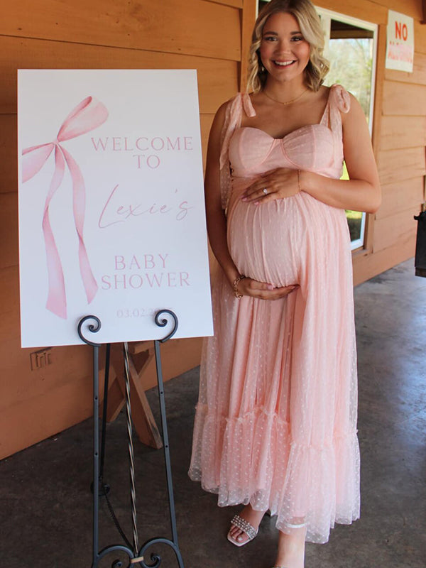 fotobeyou Light Pink Polka Dot Bow Ruffle Falbala Tie-Shoulder A-line Tulle Princess Dress Maxi Dress