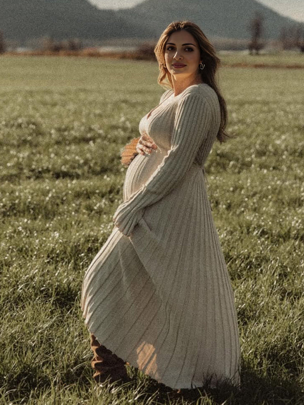 Knit Pleated Big Swing Maternity Photoshoot Sweater Maxi Dress