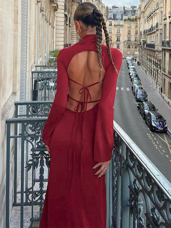 fotobeyou Wine Red Backless Lace-up Bowknot Flare Sleeve High Neck Maternity Maxi Dress