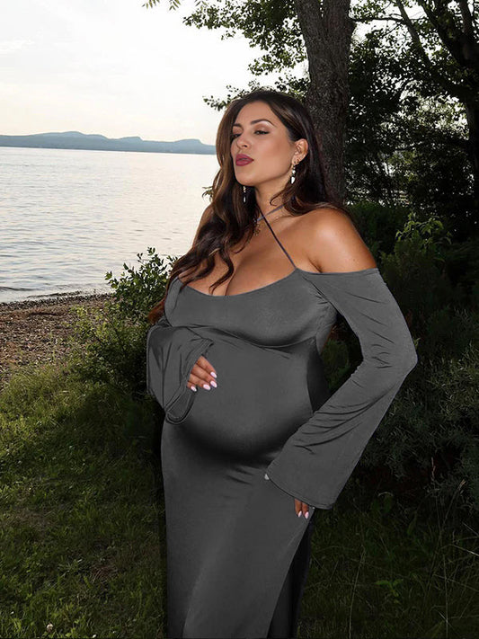 fotobeyou Dark Grey Off Shoulder Cut Out Side Slit Backless Cami Flare Sleeve Chic Going Out Party Maternity Photoshoot Baby Shower Maxi Dress