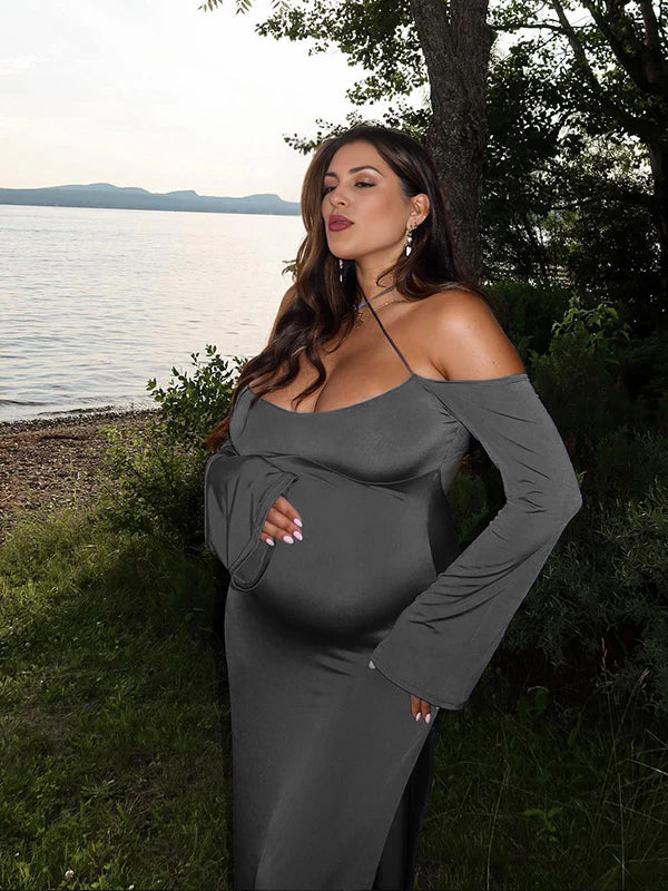 fotobeyou Dark Grey Off Shoulder Cut Out Side Slit Backless Cami Flare Sleeve Chic Going Out Party Maternity Photoshoot Baby Shower Maxi Dress
