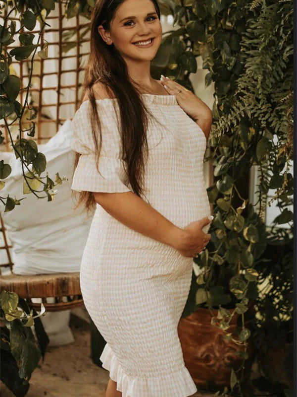 fotobeyou Ruffle Off Shoulder Long Sleeve Bodycon Baby Shower Maternity Midi Dress