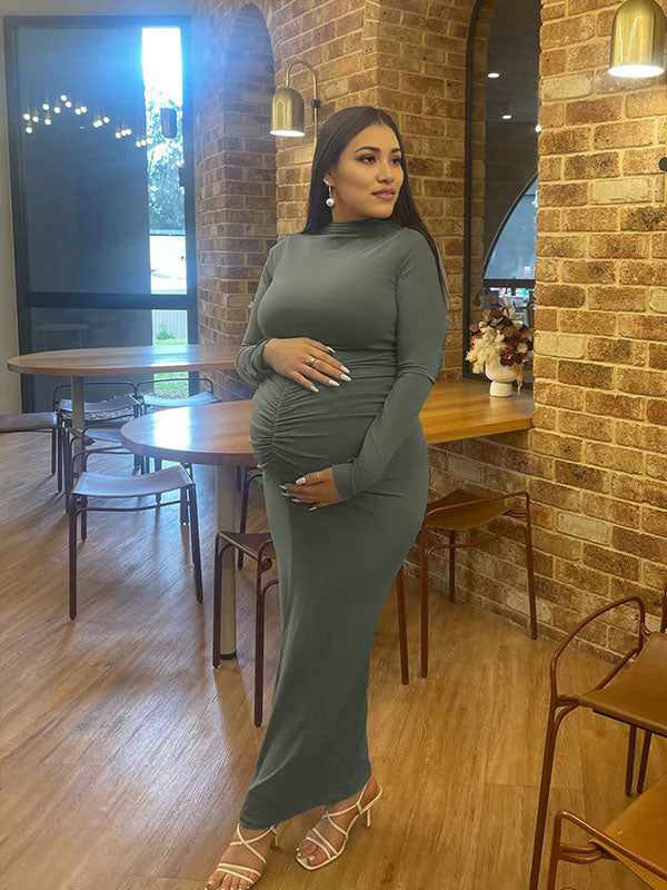 fotobeyou Solid Color Ruched High Neck Long Sleeve Bodycon Basic Going Out Elegant Maternity Baby Shower Maxi Dress