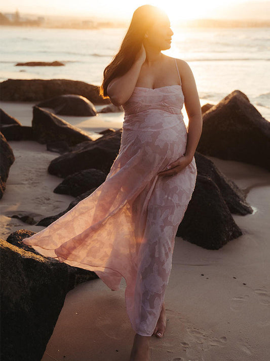 fotobeyou Pink Spaghetti Strap Backless Sheer Big Swing Chic Maternity Maxi Dress