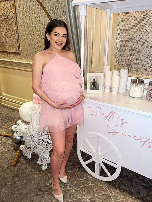 fotobeyou Pink Ruffle Tulle Halter Neck Backless Irregular Babyshower Maternity Mini Dress