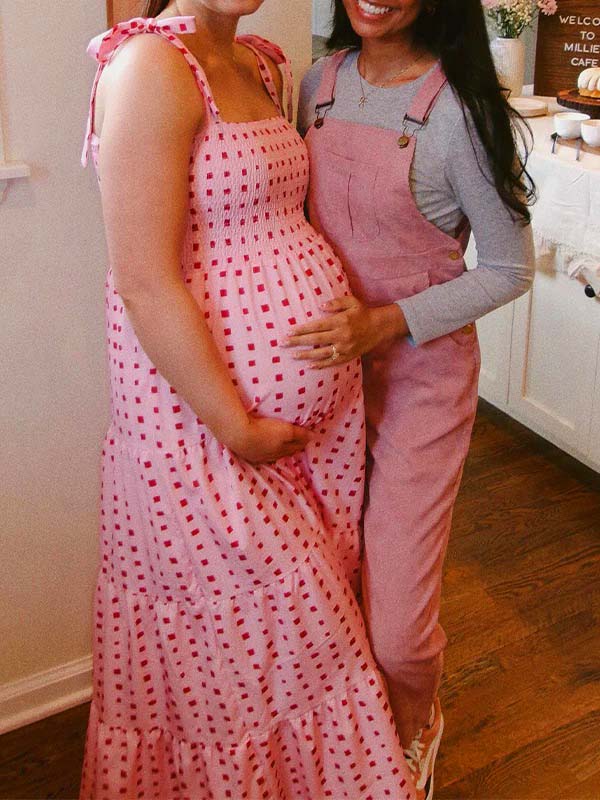 fotobeyou Bow Smocked Polka Dot Flowy Gender Reveal Baby Shower Maternity Maxi Dress
