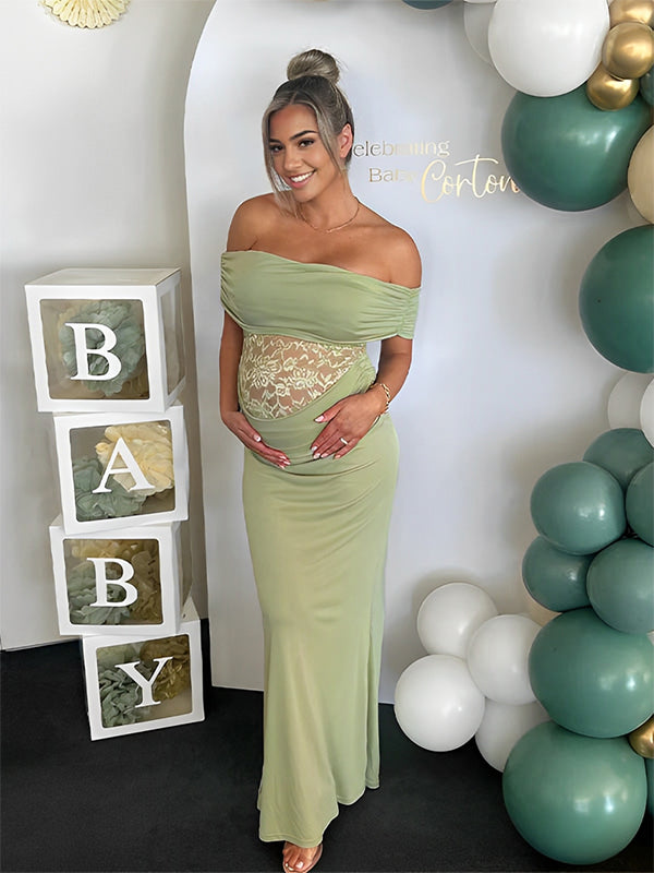 Green Off Shoulder Lace Sheer Splicing Ruched Baby Shower Maternity Maxi Dress