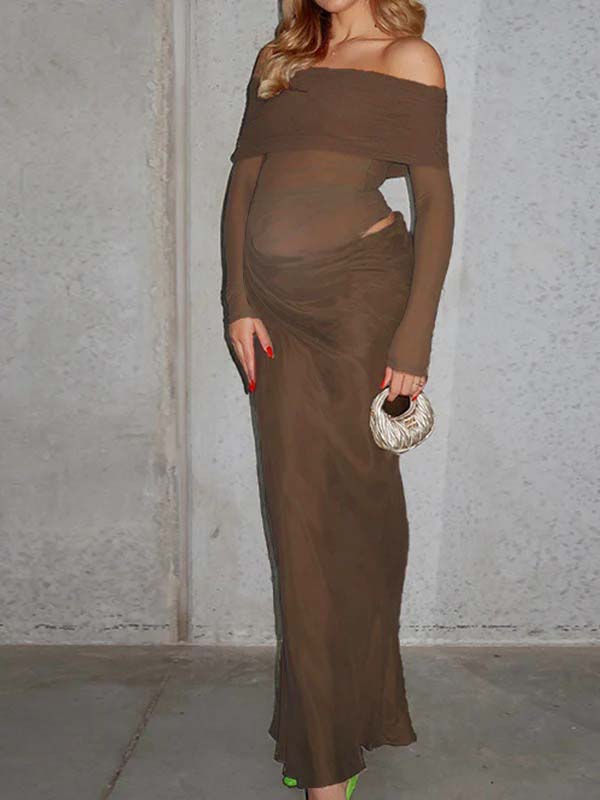 fotobeyou Mesh Patchwork Ruched Off Shoulder Elegant Maternity Baby Shower Maxi Dress