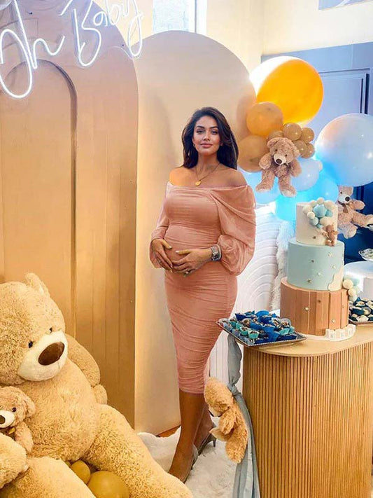 fotobeyou Mesh Ruched Off Shoulder Lantern Sleeve Square Neck Bodycon Elegant Party Maternity Photoshoot Baby Shower Midi Dress
