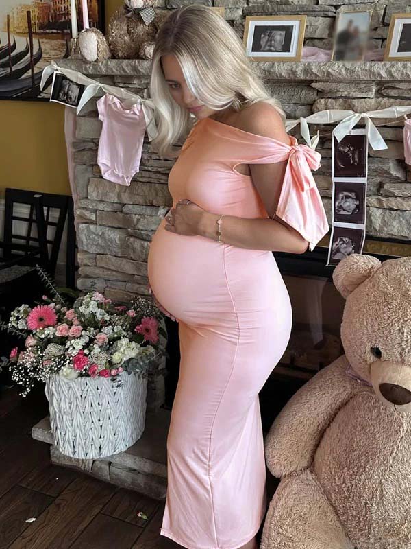 Pink Bowknot One Shoulder Elegant Maternity Baby Shower Maxi Dress
