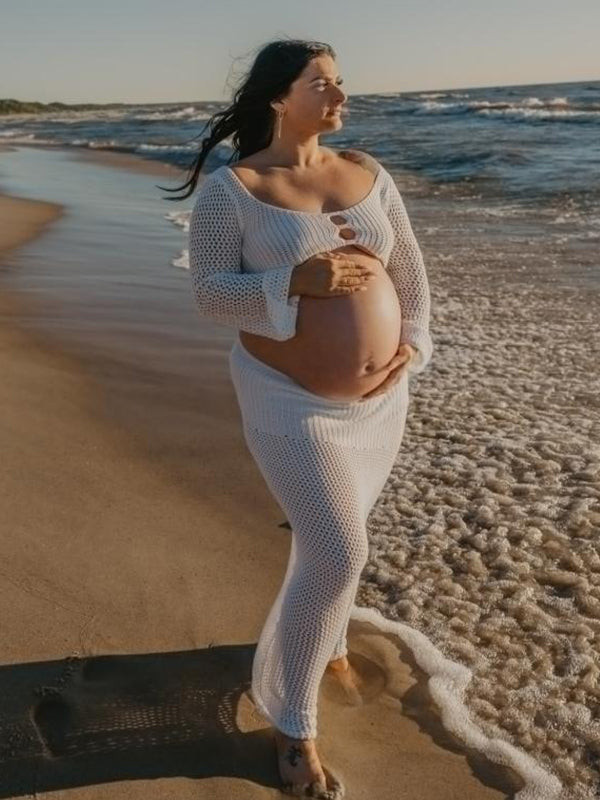 fotobeyou White 2 Piece Crochet Mesh Backless Flare Sleeve Bodycon Vacation Beach Photoshoot Baby Shower Maternity Maxi Dress