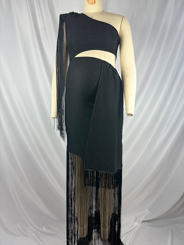 Black Tassel One Shoulder Cut Out Maternity Party Maxi Dress