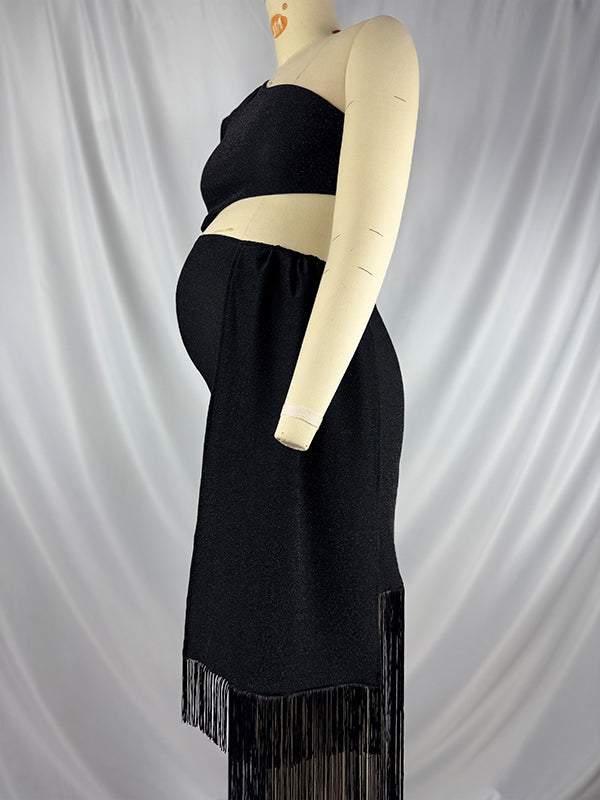 Black Tassel One Shoulder Cut Out Maternity Party Maxi Dress