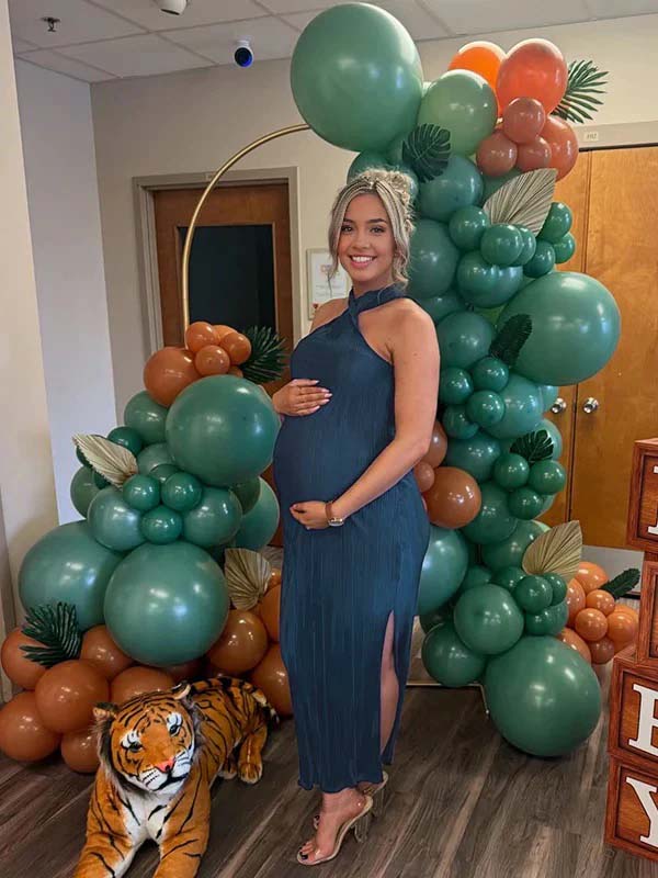 fotobeyou Dark Blue Halter Neck Off Shoulder Kink Side Slit Baby Shower Maternity Photoshoot Maxi Dress