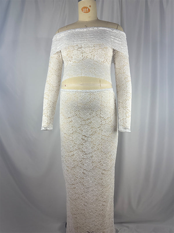 fotobeyou White Lace Off Shoulder Two Piece Set Elegant Maternity Baby Shower Maxi Dress
