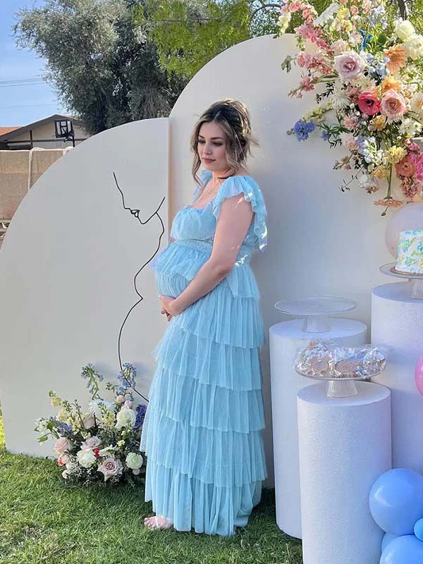 fotobeyou Blue Tulle Off Shoulder Layered Ruffle Falbala Dreamy Maternity Baby Shower Maxi Dress