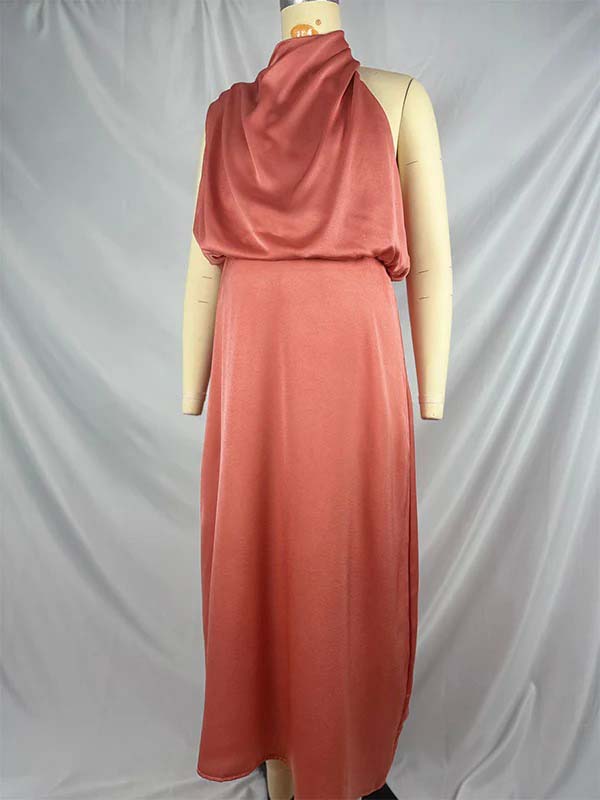 Pink Satin Asymmetric Shoulder Elegant Maternity Photoshoot Maxi Dress