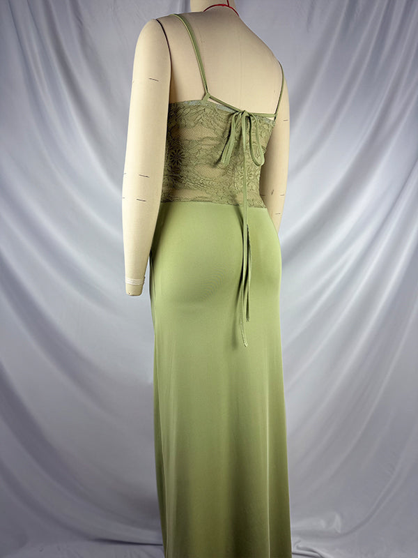 Green Lace Ruched Cami Elegant Maternity Photoshoot Maxi Dress