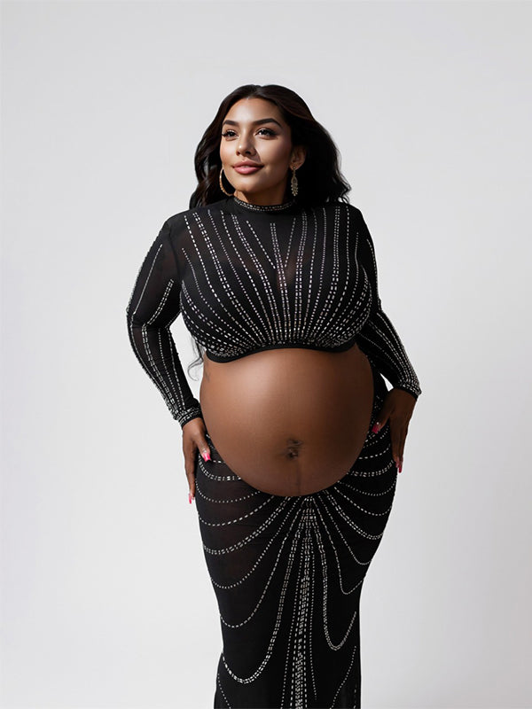 fotobeyou Black Mesh Rhinestone High Neck Crop 2-in-1 Midriff Bodycon Long Sleeve Photoshoot Evening Plus Size Maternity Maxi Dress