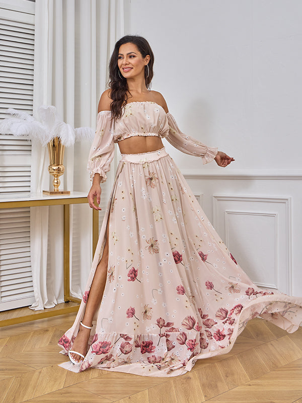 fotobeyou Two Piece Boho Flower Printing Off Shoulder Chiffon Crop Bandeau Photoshoot Maternity Maxi Dress