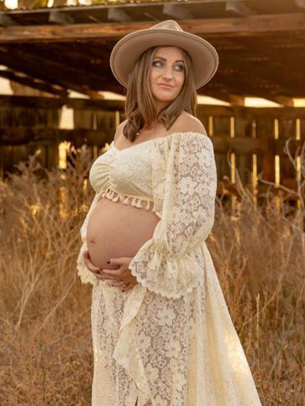 fotobeyou Boho Lace Off Shoulder Lace Tassel Crop 2-in-1 Side Slit Ruffle Photoshoot Maternity Maxi Dress