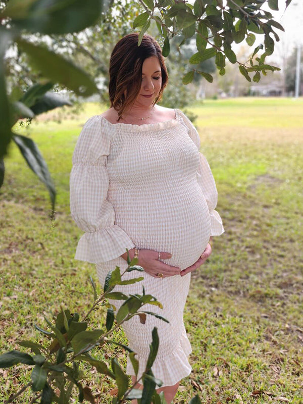 fotobeyou Ruffle Off Shoulder Long Sleeve Bodycon Baby Shower Maternity Midi Dress
