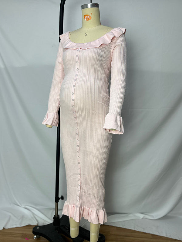 fotobeyou Pink Knit Falbala Ruffle Hem Single Breasted Flare Sleeve Bodycon Elegant Hoing Out Maternity Babyshower Maxi Sweater Dress