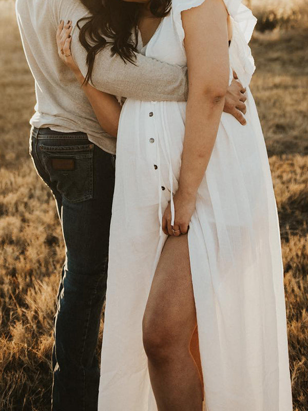 fotobeyou White Deep V-neck Button Down Boho Plus Photoshoot Maternity Maxi Dress