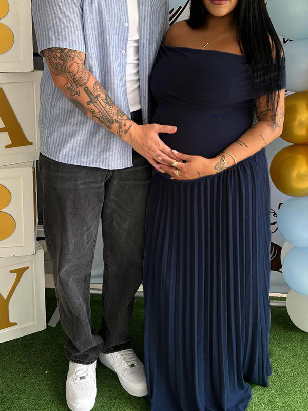fotobeyou Solid Color Ruched Pleated Off Shoulder Big Swing Elegant Cocktail Party Maternity Photoshoot Baby Shower Maxi Dress