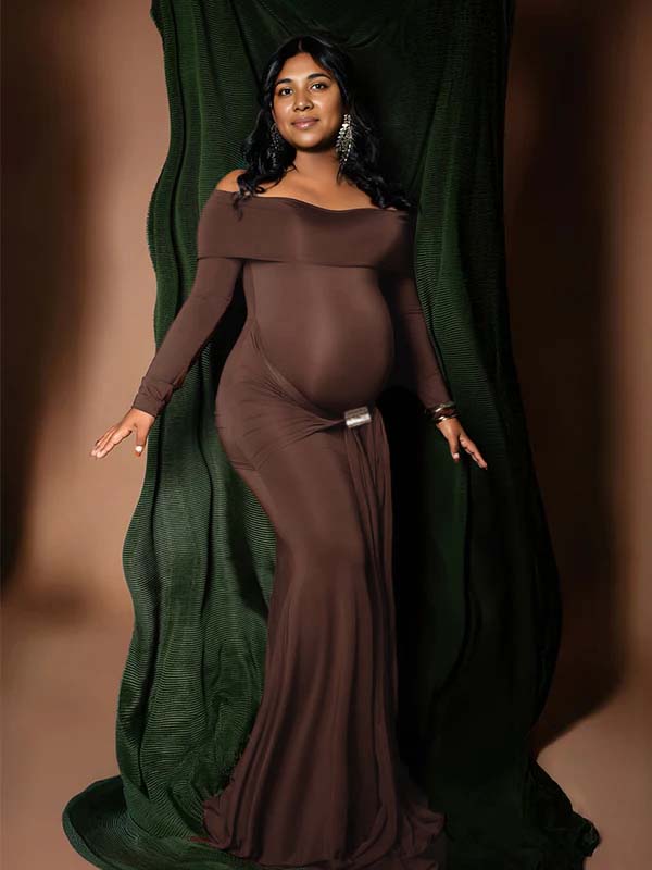 fotobeyou Off Shoulder Draped Ruched Metal Buckle Bodycon Elegant Maternity Photoshoot Maxi Dress