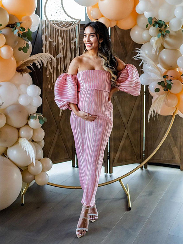 fotobeyou Pink Off Shoulder Bandeau Ribbed  Pleated Bodycon Puff Sleeve Evening Gown Baby Shower Maternity Maxi Dress