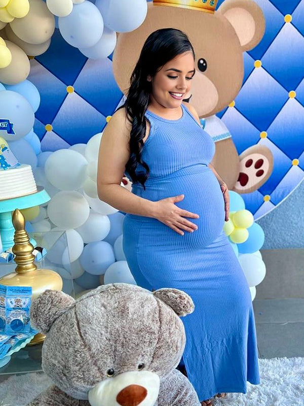 Fotobeyou Blue Round Neck Side Slit Crochet Maternity Baby Shower Maxi Dress