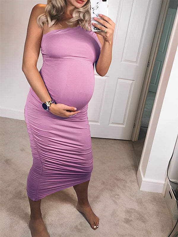 fotobeyou Lavender Ruched One Shoulder Irregular Ruffle Bodycon Elegant Baby Shower Party Maternity Midi Dress