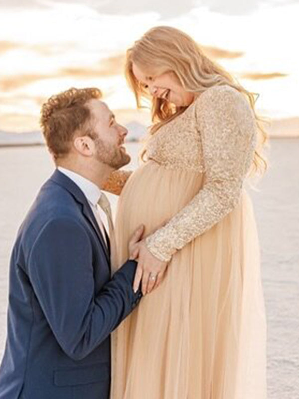 fotobeyou Sequin Tulle Splicing Long Sleeve Maternity Gender Reveal Maxi Dress