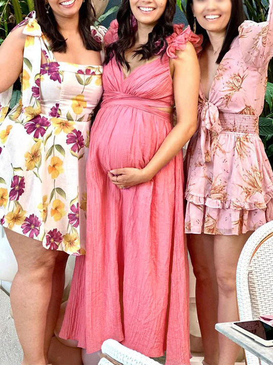 fotobeyou Pink Tulle Splicing Ruffle Pleated Tie Back V-Neck High Waist Cocktail Party Gowns Cute Baby Shower Maternity Maxi Dress