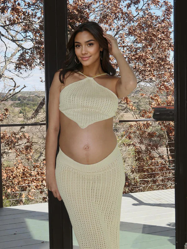 fotobeyou Beige 2 Piece Halter Neck Crochet Fashion Beach Vacation Bodycon Maternity Maxi Dress