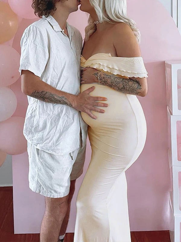 fotobeyou Ivory White Ruffle Falbala Off Shoulder Mermaid Elegant Cocktail Evening Gown Maternity Photoshoot Baby Shower Maxi Dress