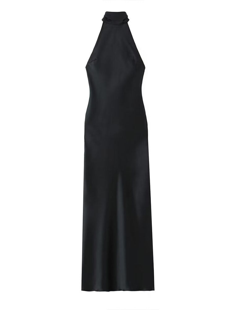 fotobeyou Black Halter Neck Solid Color Satin Texture Photoshoot Maternity Maxi Dress