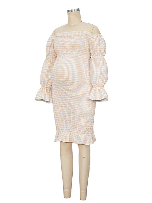 fotobeyou Ruffle Off Shoulder Long Sleeve Bodycon Baby Shower Maternity Midi Dress