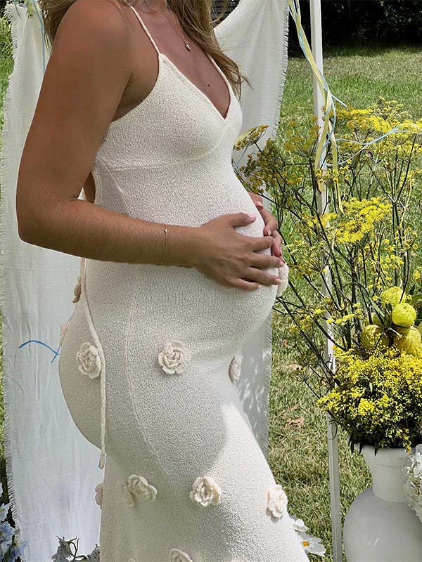 White Spaghetti Strap Backless 3D Flowers Maternity Maxi Dress